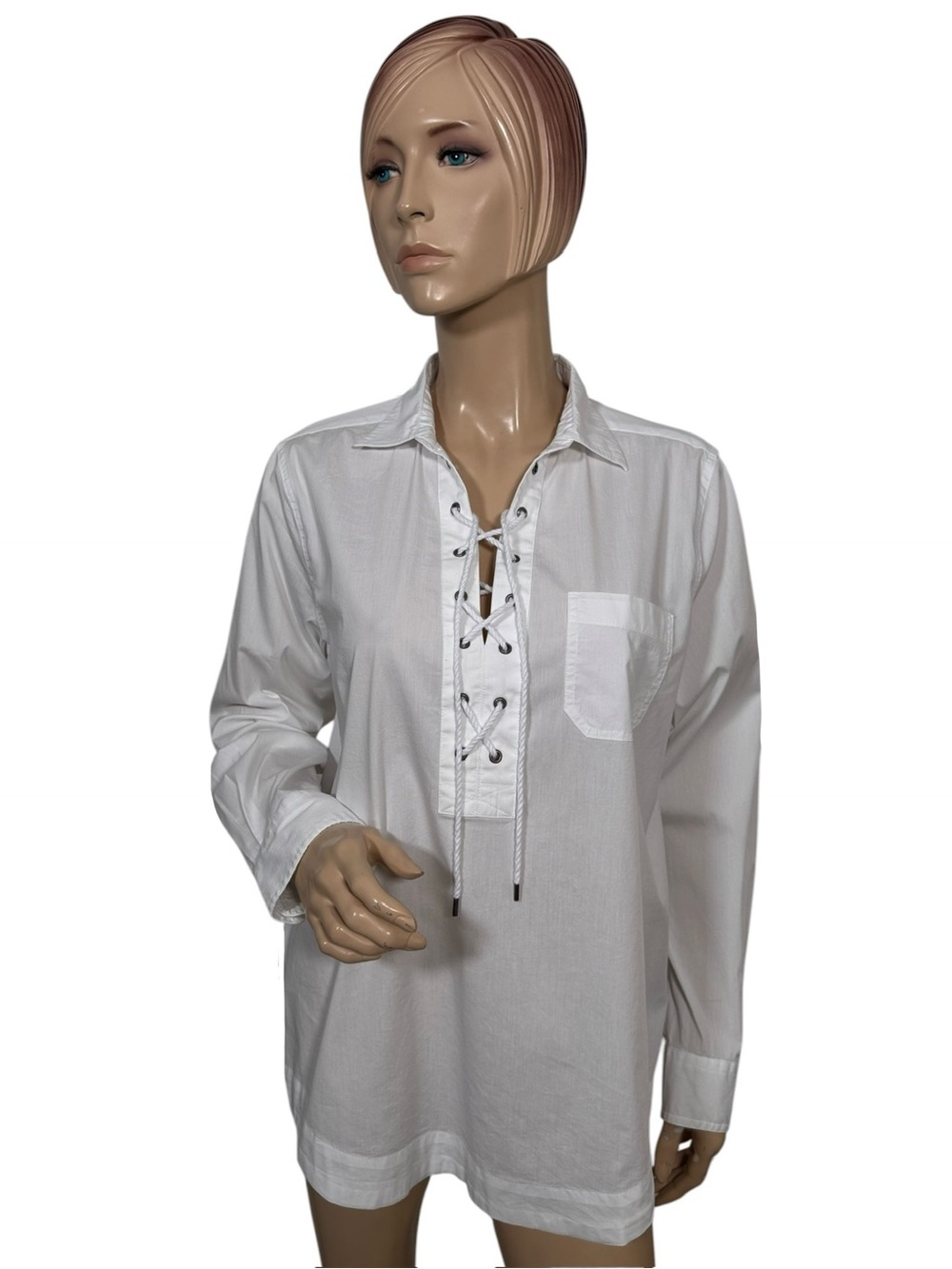 Chaps Lace Up Tunic Top White Long Sleeve Cotton Shirt Women Large